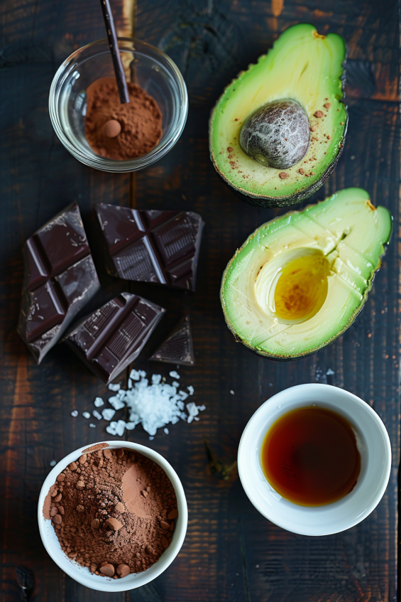 Displaying all the ingredients for avocado chocolate mousse: ripe avocado, dark chocolate, maple syrup, vanilla extract, cocoa powder, and salt