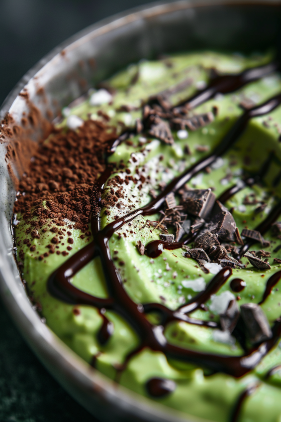 Avocado chocolate mousse in a clear glass cup with a creative drizzle of chocolate syrup around the rim.