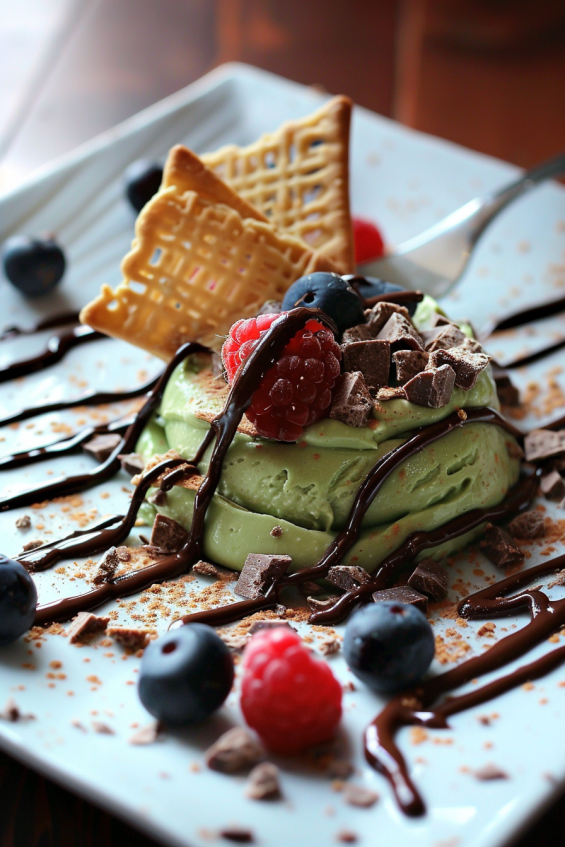 Avocado chocolate mousse topped with crumbled cookies and chocolate shavings in a glass jar