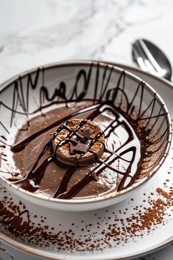 Avocado chocolate mousse in a clear glass cup with a creative drizzle of chocolate syrup around the rim