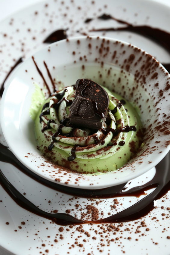 Avocado chocolate mousse in a clear glass cup with a creative drizzle of chocolate syrup around the rim