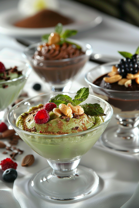 Avocado chocolate mousse elegantly served in transparent glass cups with berries and a sprinkle of cocoa powder