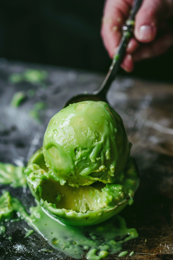 Cutting ripe avocado in half and scooping out the flesh for avocado chocolate mousse