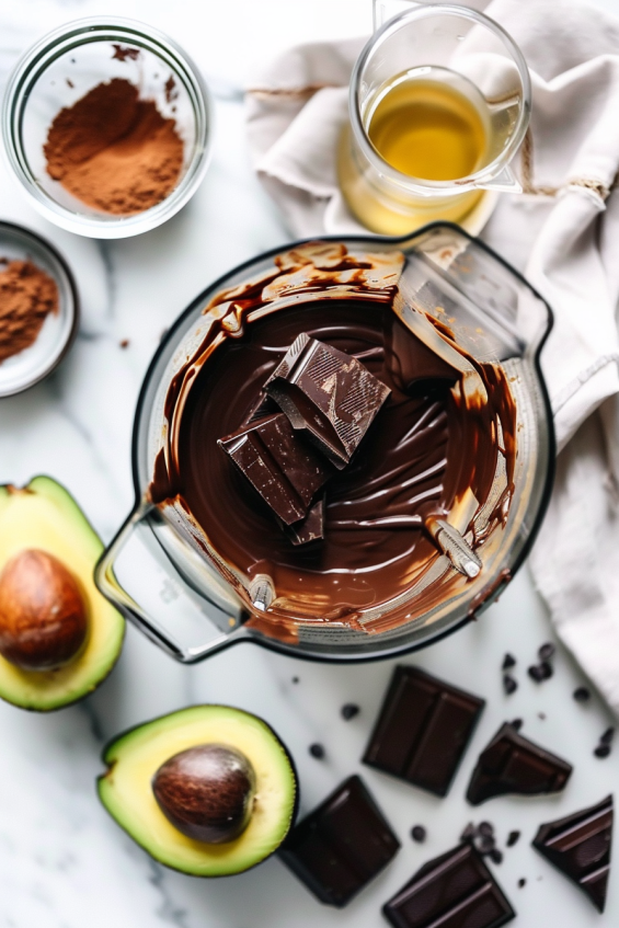 Blending avocado, melted dark chocolate, maple syrup, and vanilla extract in a food processor