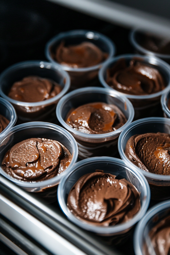 Placing blended avocado chocolate mousse into small bowls to chill in the fridge