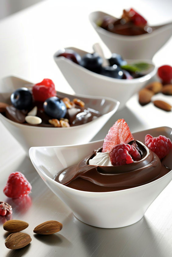 Served avocado chocolate mousse in a glass bowl, topped with fresh berries and mint leaves