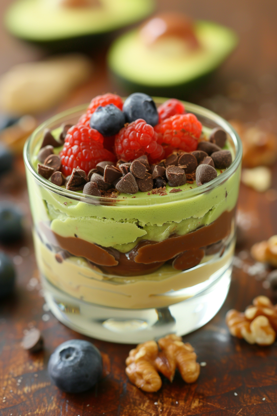 Avocado chocolate mousse with cookie crumbs and dark chocolate shavings in a glass dessert jar