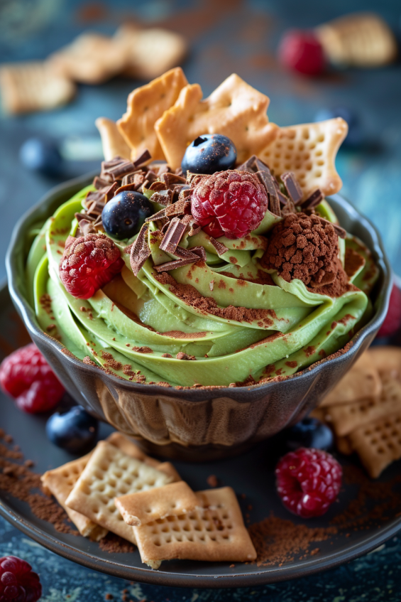 Avocado chocolate mousse with cookie crumbs and dark chocolate shavings in a glass dessert jar