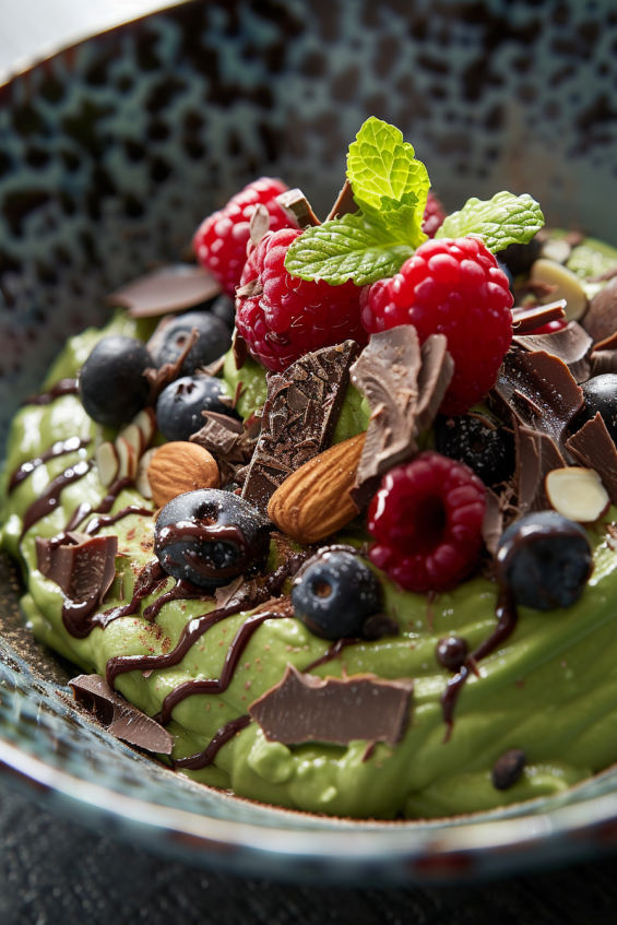 Avocado chocolate mousse plated with fresh berries, a sprig of mint, and a sprinkle of cocoa powder on top