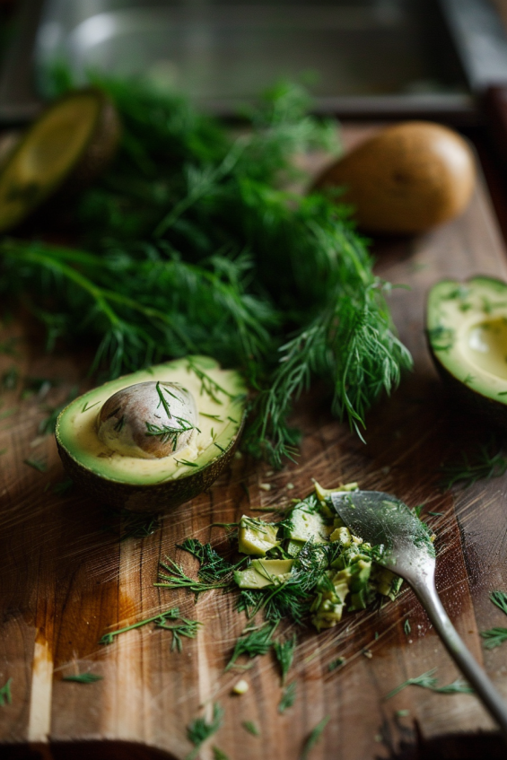 Fresh ingredients for avocado dill pesto recipe laid out on a countertop