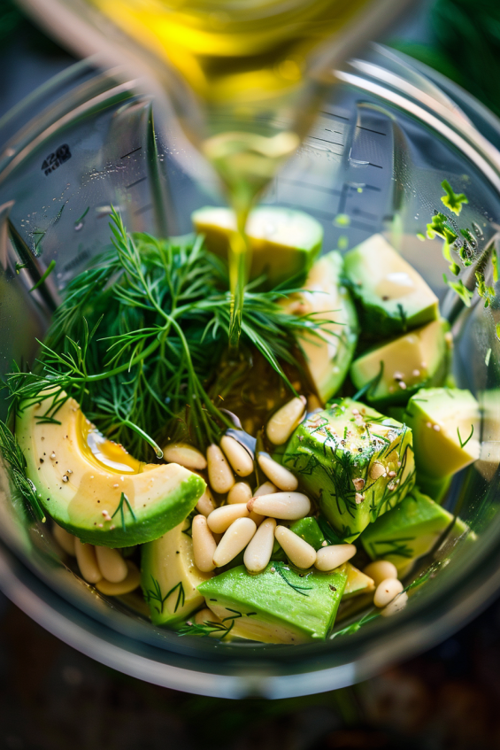 Blending avocado, dill, garlic, and olive oil into a smooth pesto sauce