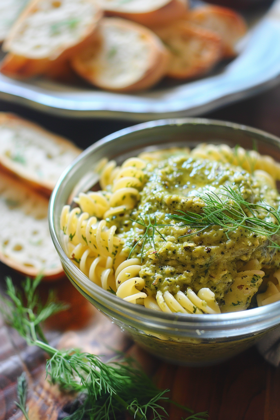 Finished avocado dill pesto served in a bowl ready to be enjoyed