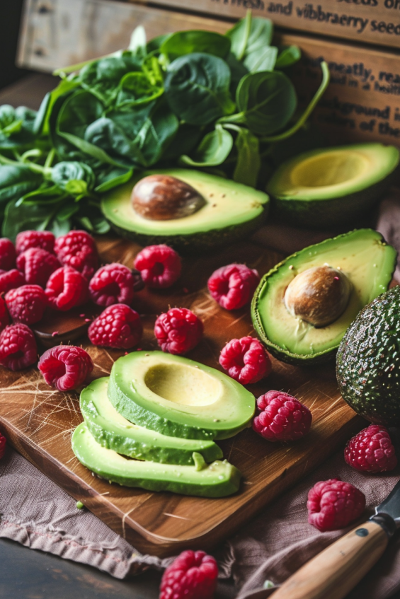 Fresh avocado, raspberries, and raspberry seeds on a cutting board, ready for a healthy salad.