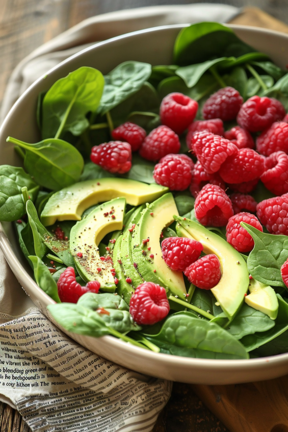 Avocado, raspberries, and raspberry seeds being mixed together in a large bowl with fresh spinach leaves.