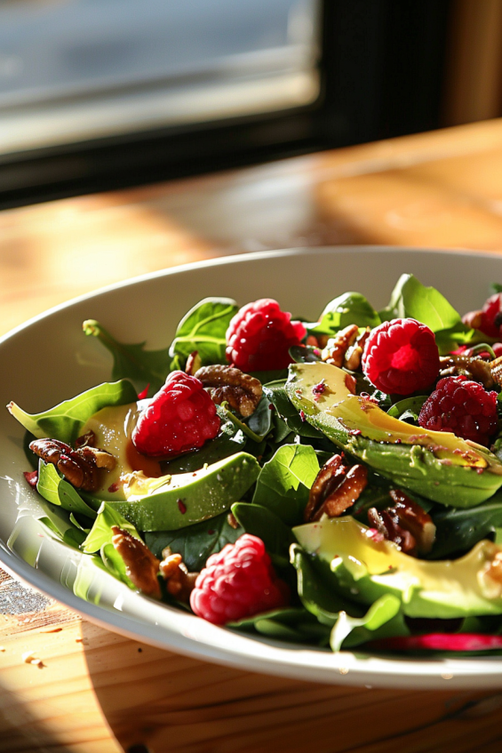 A beautifully plated avocado salad with raspberry seeds, garnished with olive oil and walnuts.