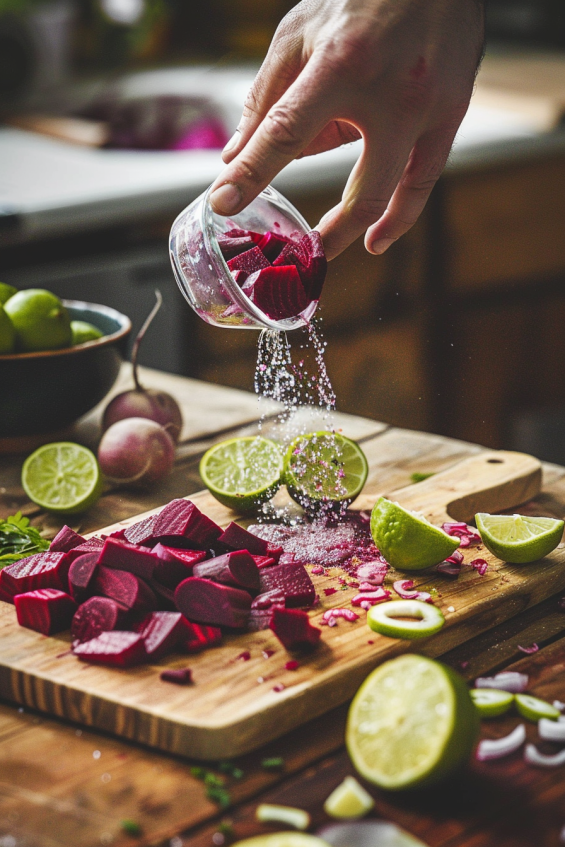 Fresh ingredients for beet lime smoothie recipe laid out on a countertop, including beets, lime, and spinach