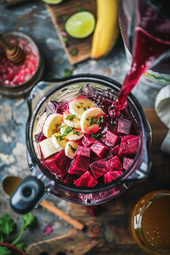 Blending beet, lime, spinach, and other ingredients into a smoothie