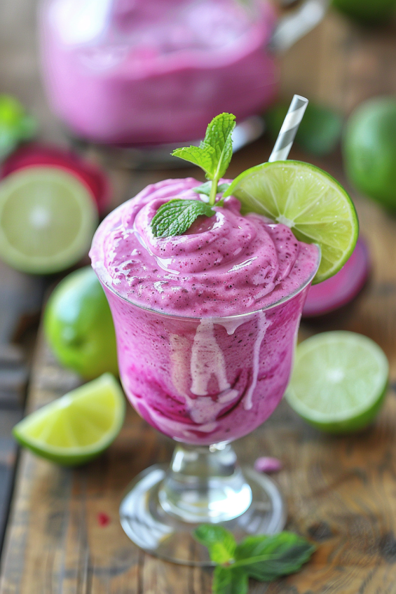 Finished beet lime smoothie served in a glass, ready to be enjoyed