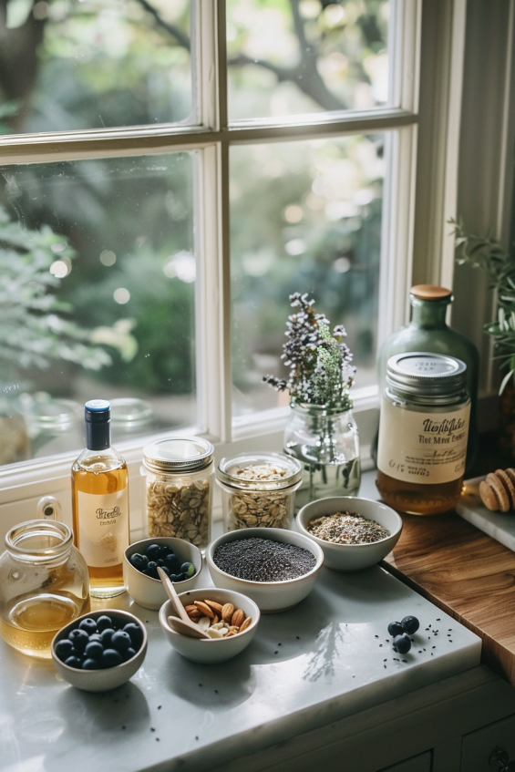 A kitchen counter with bowls of rolled oats, dried blueberries, chia seeds, and chopped nuts, along with jars of honey, almond butter, and vanilla extract, illuminated by natural light