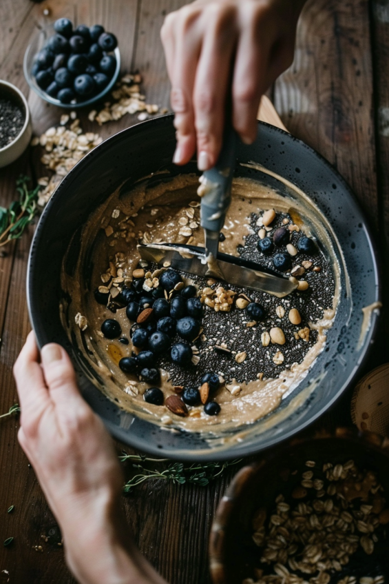 A mixing bowl filled with oats, dried blueberries, chia seeds, and nuts, being stirred with a spatula, coated in honey and almond butter mixture, on a wooden surface