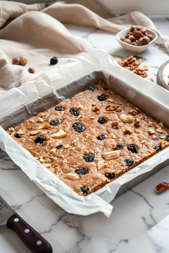 A parchment-lined tray filled with a pressed mixture of energy bars, with a knife and scattered nuts and blueberries on a marble countertop