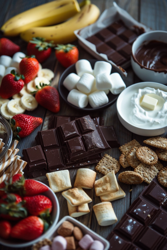 Close-up view of ingredients for chocolate fondue recipe on a rustic wooden table, featuring chopped dark chocolate, heavy cream, butter, vanilla extract, sea salt, fresh fruit, marshmallows, cookies, and pretzels