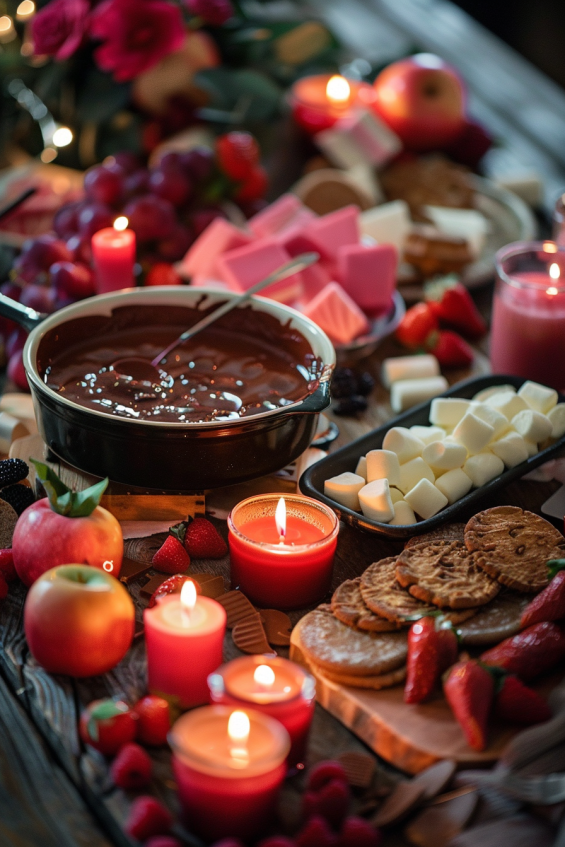 A romantic chocolate fondue setup with candles and fairy lights in a cozy setting.