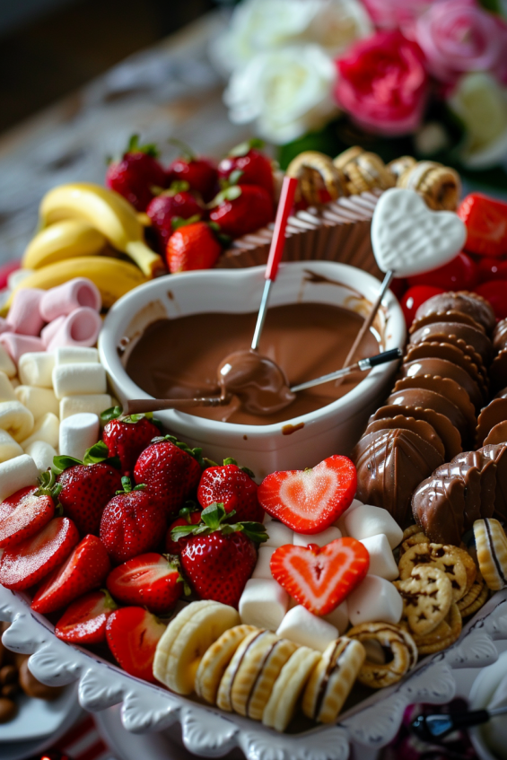 A heart-shaped platter with fruits, marshmallows, and cookies around a chocolate fondue pot.