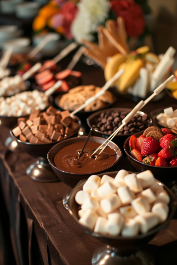 Individual chocolate fondue cups with fruits and treats for dipping, arranged elegantly