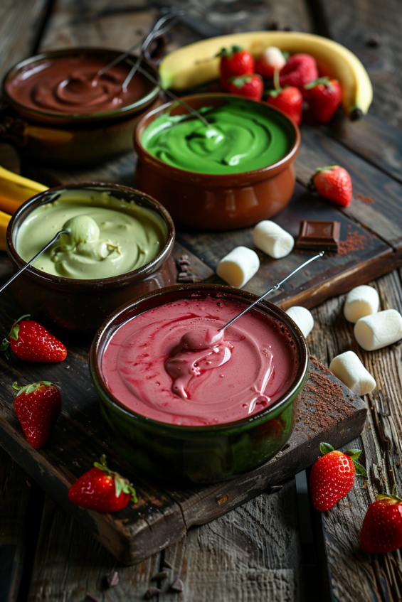 A sleek fondue pot with melted white chocolate, topped with colorful sprinkles and surrounded by fruits and treats.