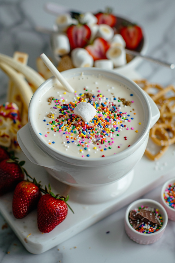 A sleek fondue pot with melted white chocolate, topped with colorful sprinkles and surrounded by fruits and treats.