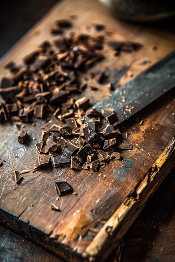 Close-up image of high-quality 70% dark chocolate being chopped into small pieces on a rustic wooden cutting board with a chef’s knife