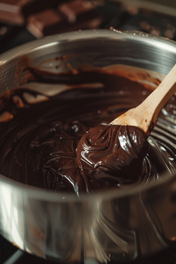 Small saucepan with simmering heavy cream on a stove, being swirled with a wooden spoon