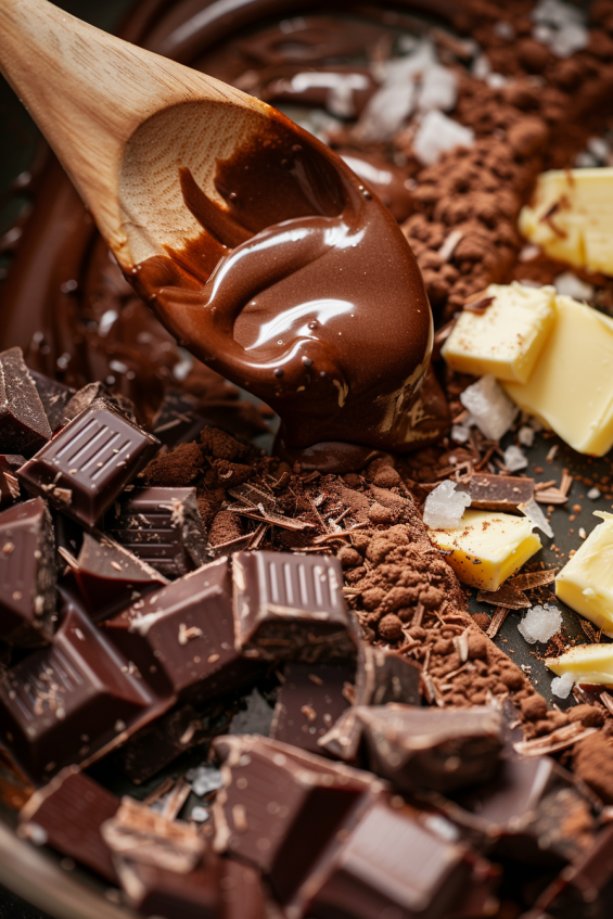 Close-up of melted dark chocolate being stirred into a smooth, shiny mixture with a wooden spoon in a saucepan, with added butter, vanilla extract, and sea salt