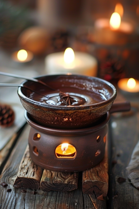 Fondue pot filled with glossy melted chocolate, kept warm over a candle, placed on a rustic wooden table