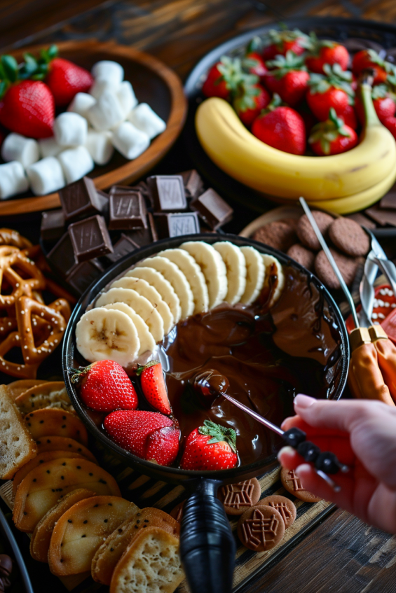 Assortment of fresh fruit, marshmallows, cookies, and pretzels arranged around a fondue pot, with a hand dipping a strawberry into melted chocolate