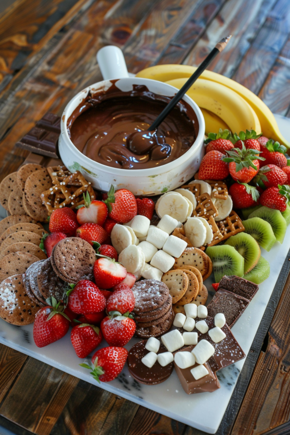 A chocolate fondue setup with a variety of fruits, cookies, and marshmallows on a rustic wooden table