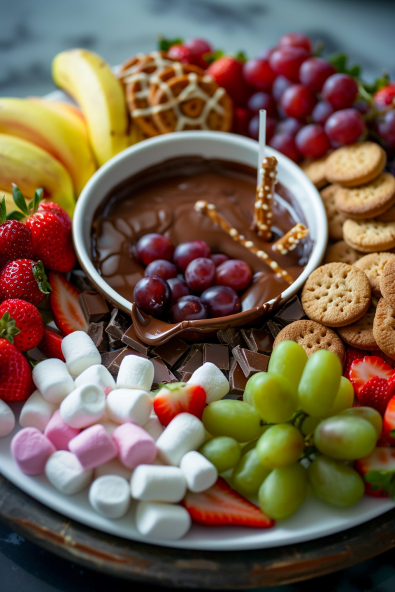 A colorful chocolate fondue spread with fruits and treats arranged on a stylish platter