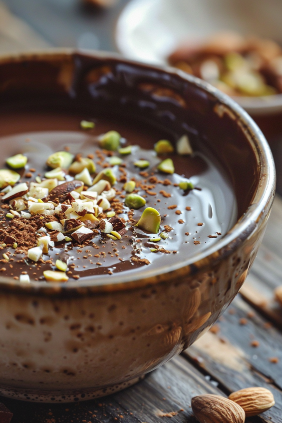 Close-up of chocolate fondue topped with gold dust and nuts for a luxurious touch