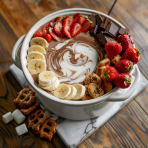 Assortment of fresh fruit, marshmallows, cookies, and pretzels arranged around a fondue pot, with a hand dipping a strawberry into melted chocolate