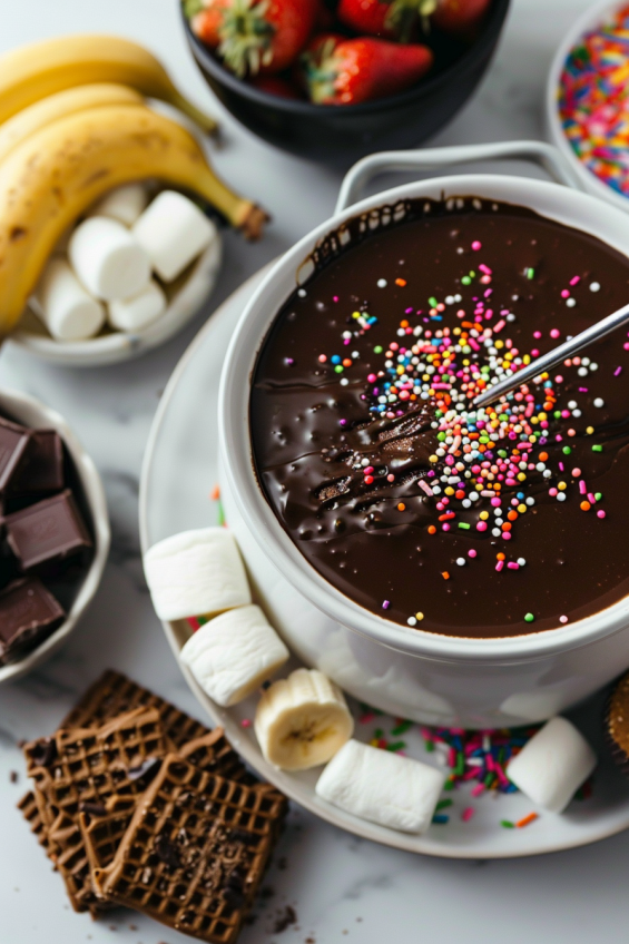 Assortment of fresh fruit, marshmallows, cookies, and pretzels arranged around a fondue pot, with a hand dipping a strawberry into melted chocolate