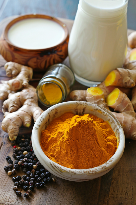 Fresh ingredients for turmeric ginger lassi on a clean kitchen counter, including turmeric powder, fresh ginger root, yogurt, honey, milk, black pepper, and ice cubes