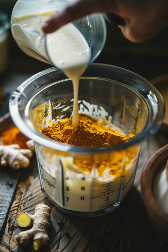 A blender filled with yogurt, milk, turmeric powder, grated ginger, honey, and black pepper, ready to be blended into lassi