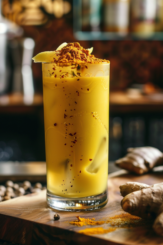 A tall glass of golden turmeric ginger lassi garnished with turmeric powder, a ginger slice, and a sprinkle of black pepper