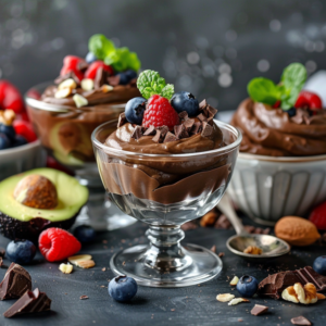 Delicious and creamy avocado chocolate mousse topped with fresh berries and nuts, served in a clear glass bowl