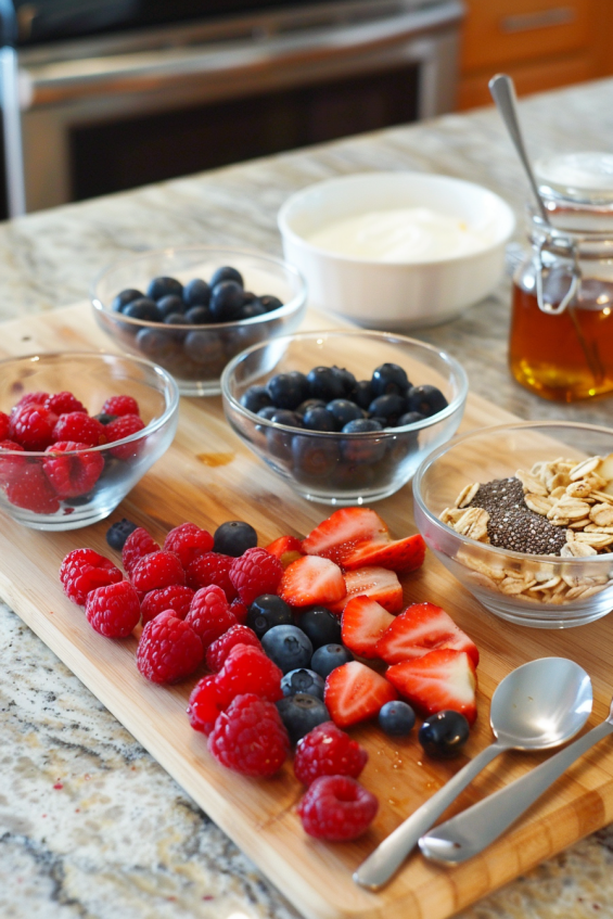 Fresh ingredients for Greek yogurt parfait, including Greek yogurt, mixed berries, granola, honey, chopped almonds, walnuts, and chia seeds on a clean kitchen countertop