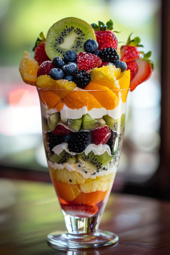 A parfait with layers of yogurt, granola, and berries, topped with toasted coconut, chia seeds, and a drizzle of honey, with powdered sugar dusted over the berries.