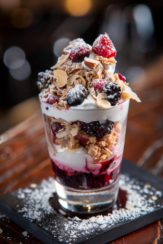 A parfait with layers of yogurt, granola, and berries, topped with toasted coconut, chia seeds, and a drizzle of honey, with powdered sugar dusted over the berries.