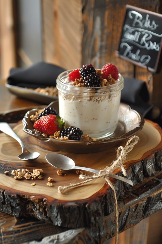 A parfait served on a rustic wooden board with fresh berries and granola, garnished with a unique spoon and a mason jar tied with twine.