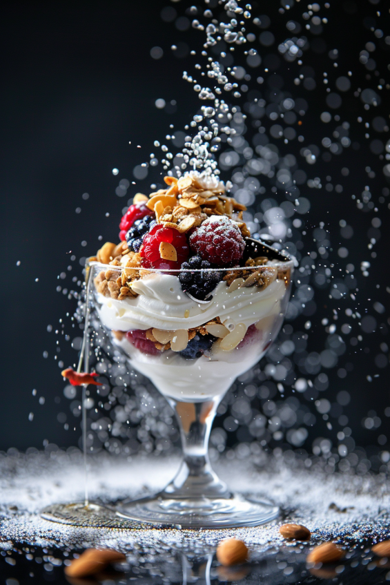 A parfait with layers of yogurt, granola, and berries, topped with toasted coconut, chia seeds, and a drizzle of honey, with powdered sugar dusted over the berries.